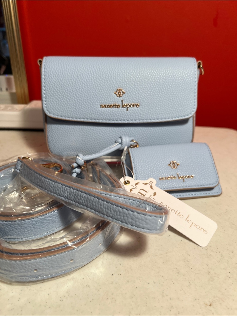 Nanette Lepore Powder Blue Pebbled Leather Crossbody with Wallet - Picture 7 of 10